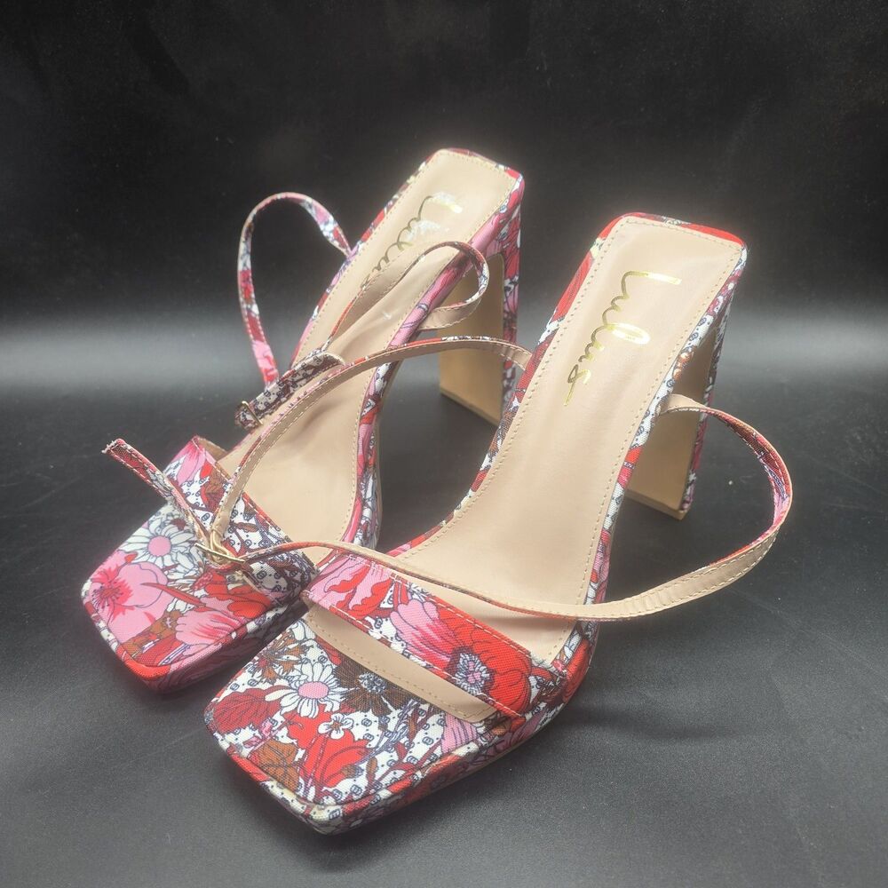 Lulus Konoku Ankle Strap Platform Sandals Size 9 Pink Red Floral High Heel